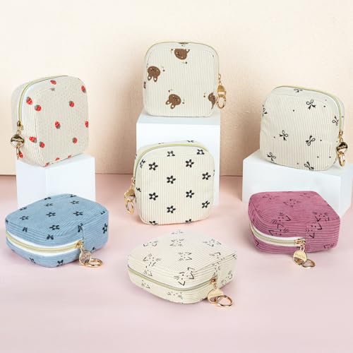 Image of Period Bag for Teen Girls, Corduroy Cute Cats Sanitary Napkin Storage Bag, Menstrual Pad Pouches Tampon Holder for Purse (Beige-Cats)