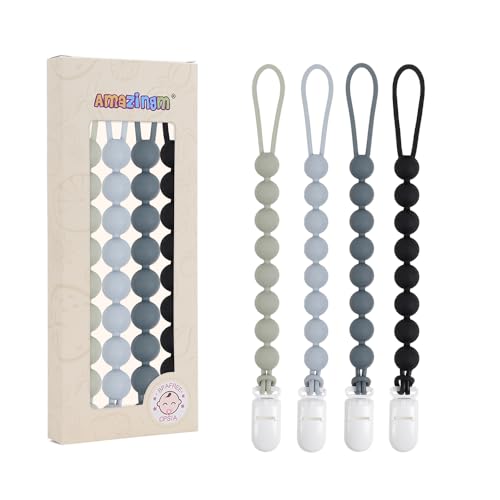 Image of 4 Pcs Gray Baby Silicone Teething Pacifier Clip,One-piece Design,Round Shape,Smooth Surface,BPA Free.