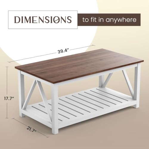 Image of Solid Sheesham Wood Farmhouse Coffee Table with Bottom Storage Shelf for Living Room Centre Table Rustic Wooden Tea Table 100 x 55 x 45 cm | White & Brown Finish