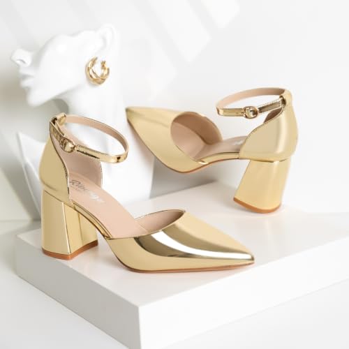 Image of RIBONGZ Block Heels for Women Closed Pointed Toe Heeled Slingback Chunky High Heel Ankle Strap Pumps Patent Leather Comfort Dressy Shoes for Work Party Prom Wedding Bridal Dress