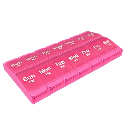 EZY DOSE Push Button (7-Day) Pill Case Medicine Planner Vitamin Organizer 2 Times a Day AM/PM Container X-Large Compartments Arthritis Friendly Easy to Use Transparent Lids Pink BPA Free