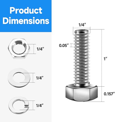 Image of (12 Sets) 1 /4-20 x 1 Hex Head Screws Bolts and Nuts Kit with 1 /4-20 Bolt, 1 /4-20 Nuts, Flat & Lock Washers, Fully Threaded, 1 /4 20 Stainless Steel Bolts, Bright Finish by Marysino