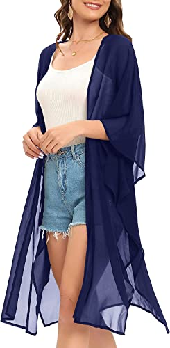 Image of Indian Trendy Women's Solid Puff Sleeve Kimono Long Cardigan Loose Cover Up Casual Blouse Top Chiffon