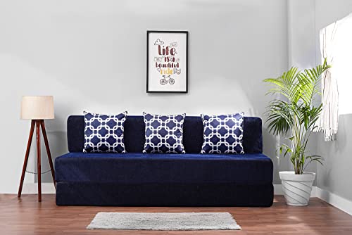 Image of Convertible Fabric Sofa Cum Bed | Foldable Double Foam & Washable Cover with Cushions | Modern Design Use Living Room & Guest Room (Moshi-Blue-Multi-Chain, 6X6 Ft)