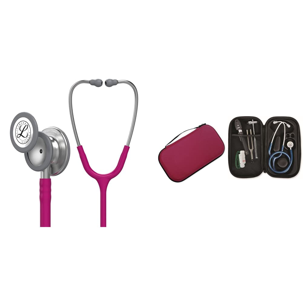 Stetoscopio per il monitoraggio 3M™ Littmann® Classic III™, tubo auricolare lampone, 69 cm, 5648 & GIMA ASTUCCIO PORTA FONENDO - Colore Bordeaux. Uso Professionale. Custodia rigida protettiva