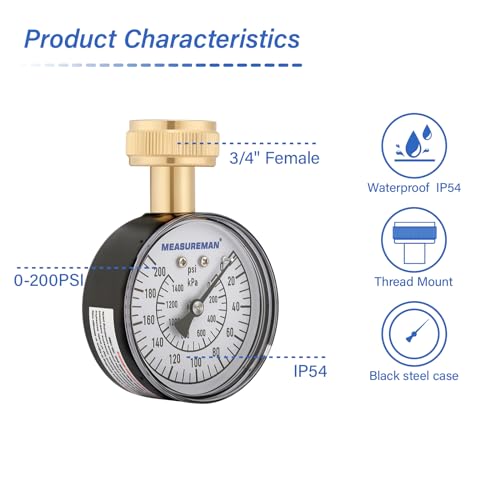 measureman 0-200 psi water pressure gauge 2-123939 dial hose bib pressure gauge home water pressure tester durable 34 hose thread water pressure gauge for home