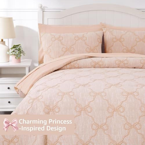 Image of Full Size Comforter Sets with Sheets for Girls-7 Pieces Bow Bed in A Bag | Soft Jacquard Full Size Bedding Sets with Blush Comforter, Pillowcases & Shams, 76 inch X 86 inch