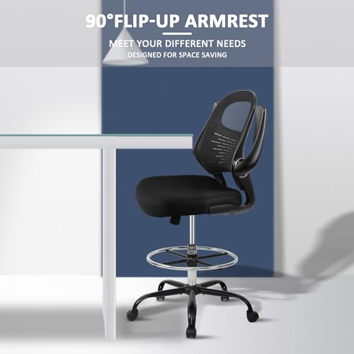 Image of HYLONE Drafting Chair Tall Office Chair with Flip-Up Armrests Ergonomic Computer Chair with Lumbar Support Adjustable Footrest Ring Mesh Standing Desk Chair (Black)