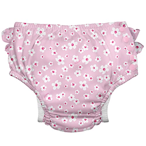 Green Sprouts Reusable, Eco Snap Ruffled Swim Diaper with Gussets, UPF 50+, 4T, Light Pink Small Blossoms - Print, Patented Design, Standard 100 by Oeko-TEX® Certified