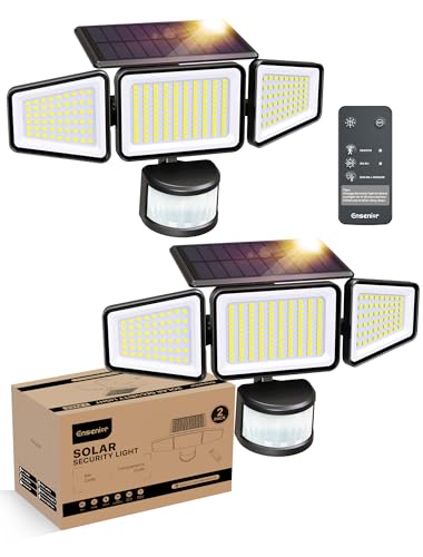 Ensenior Solar Flood Light Outdoor Remote Control 228 LED 800lm, Solar Powered Motion Light Wall-Mounted, 3 Heads, IP65 Waterproof, 4 Modes (2 Packs)