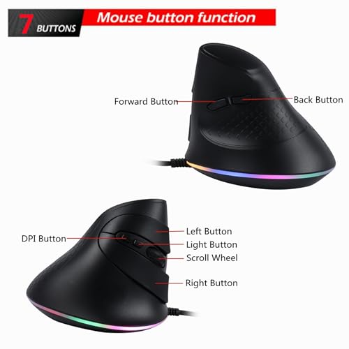 Image of YOCUNKER USB Wired Vertical Mouse 11 RGB Backlight 7200 DPI Adjustable Ergonomic Optical Mouse 6 Buttons, Reduce Wrist Strain, Compatible with MacBook /PC /Laptop /Desktop /Windows /Mac OS (Black)