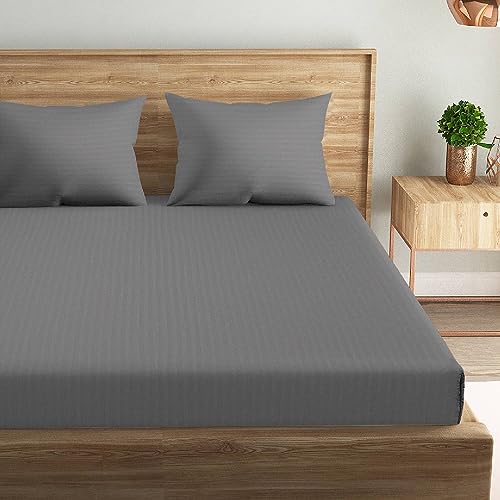 Image of Naksh Japandi Vibes Collection 100% Cotton 210 TC Stripes Elastic Fitted Bedsheets Queen Size 78 x 60 Inches, Grey | 1 Elastic Bedsheet Queen Size Cotton & 2 Pillow Covers