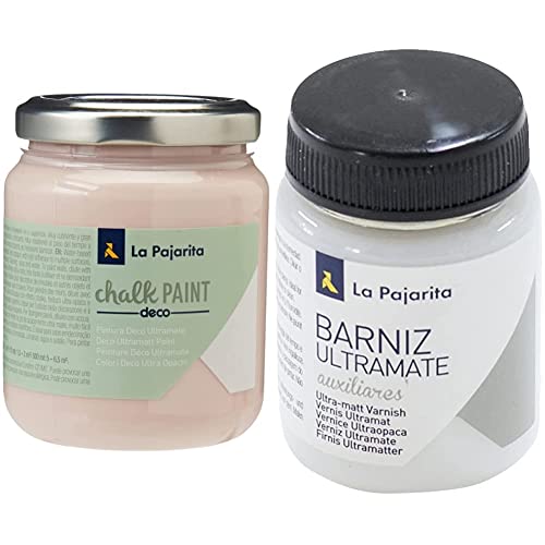 La Pajarita 103337 Pintura para Decoración y DIY, Chalk, 1, Rosa Capricho & Bote de Barniz 75 ml Efecto Ultramate, Multicolor (124216)