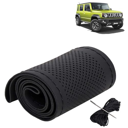 Image of KINGSWAY PU Leatherite Car Steering Cover Sewable Compatible with Maruti Suzuki Jimny (Year 2023 Onwards), Black Color with Black Thread, Pack of 1 with Sewing Needle and Thread