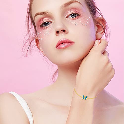 SISGEM Real 14k Gold Blue Butterfly Bracelet for Women, Solid 14 Karat Gold Animal Lover Wrist Jewelry Gifts for Her, 6.8-8.44