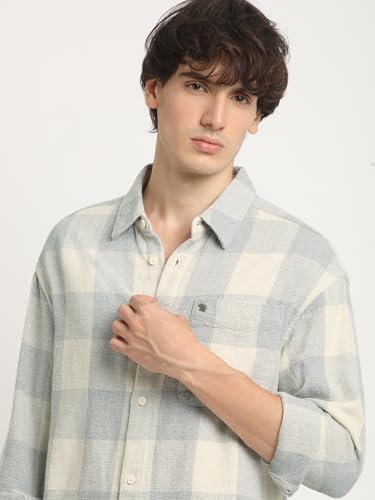Image of THE BEAR HOUSE Men's Grey Checked Slim Fit Cotton Casual Shirt