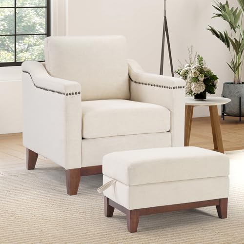 Image of HAOMARKETS 2 Piece Chenille Sofa Set with Nailhead Trim, Included Comfy Accent Chair with Thicked Cushion and Upholstered Storage Ottoman with Flip-Top Table, Living Room Furniture Set,Beige