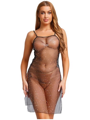 inlzdz Frauen Glitzer Pailletten Durchsichtiges Mesh Trägerkleid Seitlicher Hochschlitz Midi Kleid Bikini Überwurf Schwarz XL