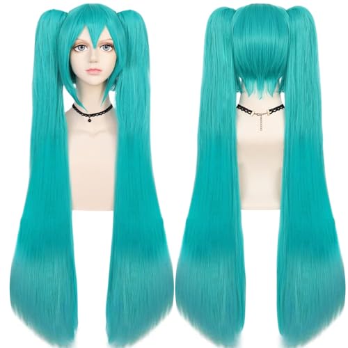 ANOGOL Hair Cap+48inch/120cm Green Wig Cosplay Green Teal wig Double Ponytail Wig, Long Green Lolita Wig For Halloween Costume, Long Green Wig With Bangs Straight wig For Halloween Party Cosplay Wig2