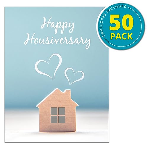 Image of Mediz Note Cards for Real Estate Agents - Pack of 50 Notecards and Envelopes Designed Especially for Real Estate Agents (Happy Housiversary - Blue - 50 Pack)