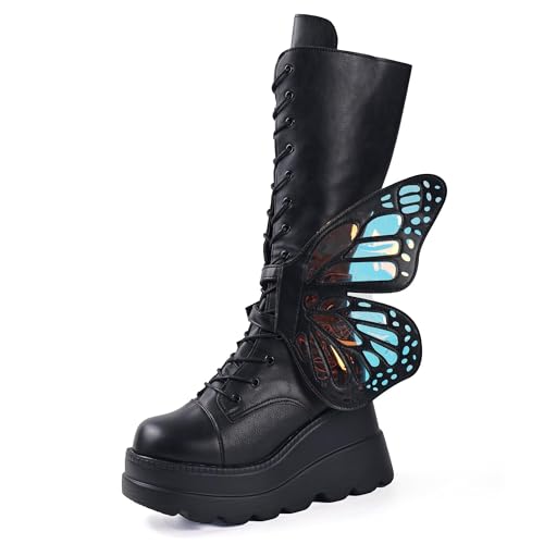 SACFOF Women Platform Punk Goth Mid Calf Boots Chunky High Heel Side Zip Butterfly Wings Knee High Motorcycle Combat Booties
