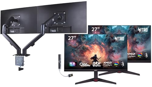 Image of Acer Nitro VG270X 27 inch FHD IPS Monitor with 0.5ms Response Time, Anti-Glare, Flicker Free, 200 Hz Refresh Rate, Displayport, HDMI, Black (UM.HV0AA.101) 2 Pack w /DKZ Hub & ErgoFlexy Dual Mount Arms