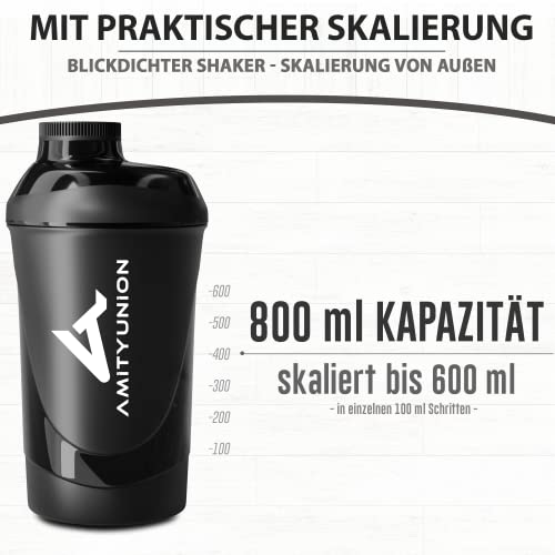 Eiweiß Shaker 800 ml mit Sieb - ORIGINAL Fitness Mixer - auslaufsicher - BPA frei, Mit Skala für cremige Whey Proteinpulver Shakes, Protein Isolat und BCAA Konzentrate in Schwarz Deluxe