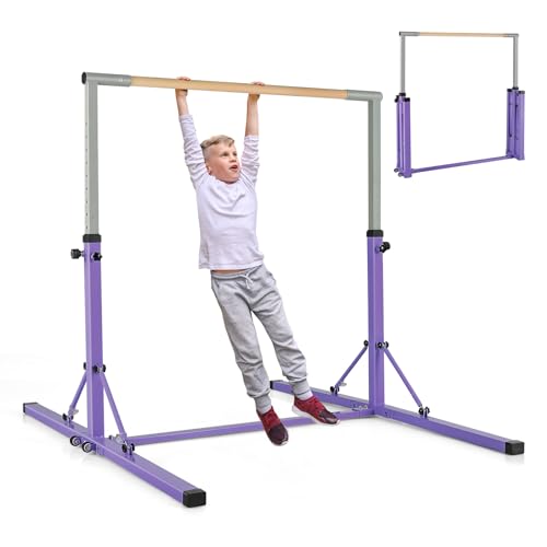 COSTWAY Barra de Gimnasia Plegable para Niños, Barra Horizontal Gimnasia, Alturas Ajustables de 13 Posiciones, Carga 100kg, Casa, Gimnasio (Violeta)