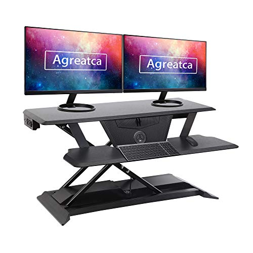 Agreatca Electric Standing Desk 36 | Sit Stand Height Adjustable Desk Converter with Built in USB Port & Wireless Charger Workstation Tabletop for Laptop and Monitor, Black