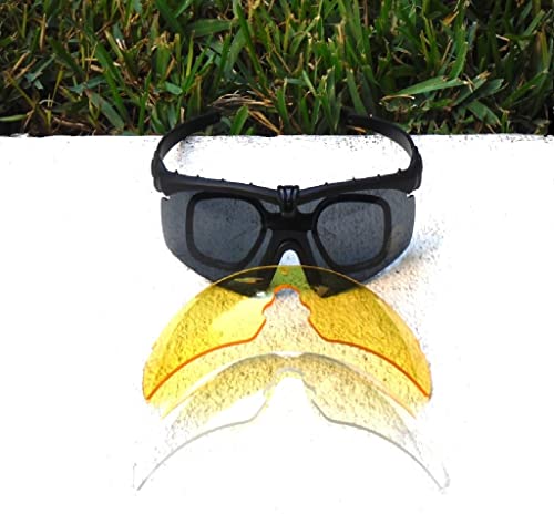 GALAXYLENSE Ballistic Z87 Tactical Military Shooting High Impact Resistance Sunglasses With 3 Replacement Lens And Prescription Glasses Holder Black Color