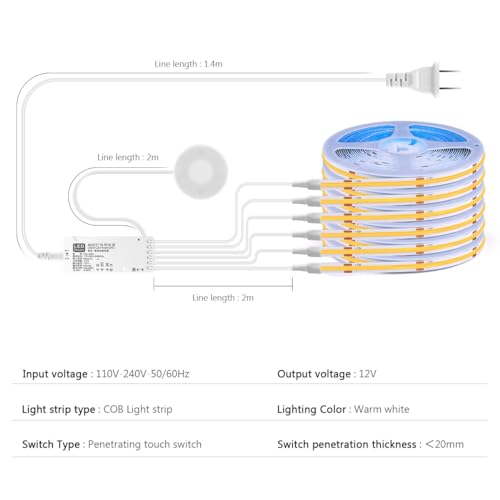 Image of LED Under Cabinet Lighting Kit 6PCS 12V COB LED Strip Lights with 36W Adapter 1M /3.3FT Penetrable Wood Touch Dimmable Led Strip 3000k Flexible LED Cabinet Lights for indoor Kitchen ,Book Shelf, Closet