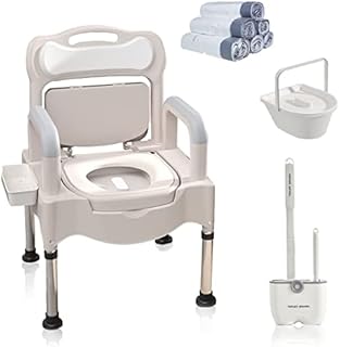 Bedside Commodes,Portable Home Bedside Commode Chair Adult Potty Chair for Seniors Height Adjustable Mobile Portable Toilet Supports 660 Lb Indoor Commode with Armrests and Tissue Box