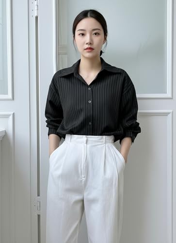 Image of Aahwan Solid Button Up Drop Shoulder Vertical Stripe Pattern Casual Long Sleeve Shirt for Women's & Girl's