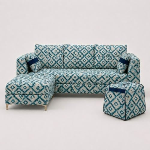 Image of FURNY Signature Cresta 5-Seater L-Shape Sofa Set with Movable Ottoman & Suri Pouf | Flexible LHS /RHS Layout | Tapestry Fabric | 40D Foam + Zigzag Spring | 3-Yr Warranty (Lagoon Mosaic Blue)