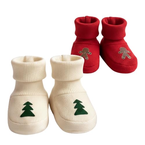 pulila baby Baby Socks Winter Booties with Long Cuff Stay On 2 Pack - Gift Cotton Thick Infant Socks - Soft Sole Gift for Newborn Boys Girls (US Age 3 Months 6 Months)