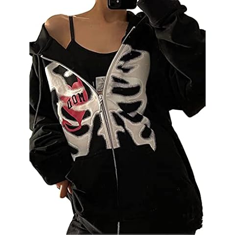 Women Oversized Zip Up Hoodies Casual Long Sleeve Lightweight Drawstring Graphic Hoodie Sweatshirt Y2k Aesthetic Jacket (Black-A, Large) Cover