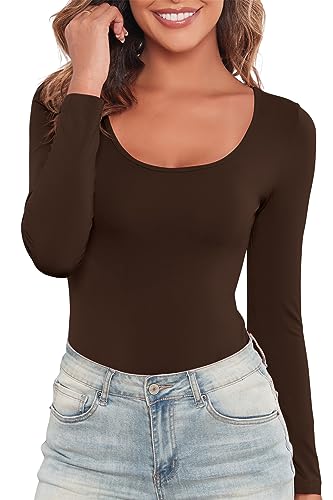 Kindcall Women Long Sleeve Bodysuit Scoop Neck Fitted Slim Basic Soft Shirts