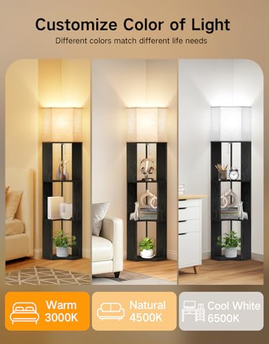 Image of OUTON Floor Lamp with Shelves, Modern Tripod Standing Shelf Lamp, Black | 3 Color Temperature Bulb, Storage Display Wood Column Tall Bookshelf Lamp for Living Room, Bedroom Office