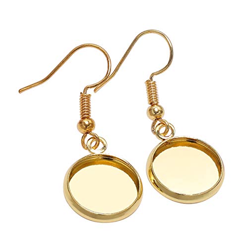 Queenbox 10 Pcs Earrings Wire Hooks Fit 12mm Cabochon Settings Trays, DIY Jewelry Making Stainless Steel Earrings Bezel (Gold)