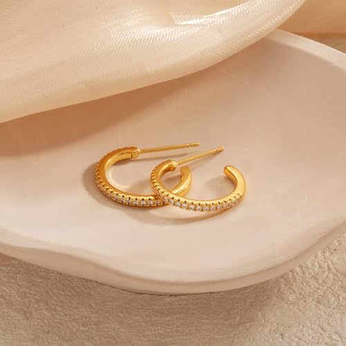 CHESKY Large Rhinestone Post Open Hoop Earrings - 14k Gold Thin Cubic Zirconia Round Hoops 15/20/25/40/50mm Hypoallergenic Sparkly Earrings for Women Trendy Jewelry Gifts