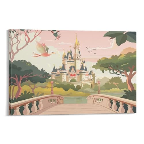 EUUMKOO Lienzo decorativo para pared, diseño de castillo de acuarela, puente de fantasía, río, arquitectura sobre lienzo, póster impreso, decoración para el hogar, sala de estar, dormitorio