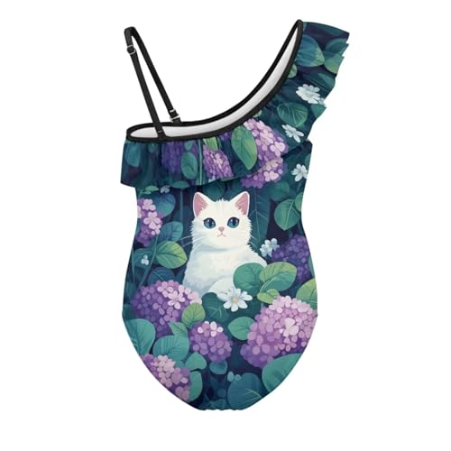 UNICEU Cat Print One Piece Swimsuit for Girls One-Shoulder Ruffle Bathing Suit Quick Dry Breathable Swimwear for Pool2