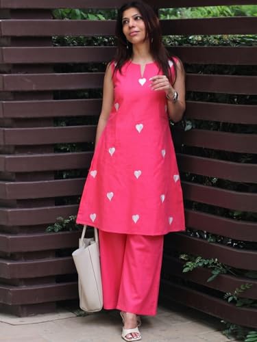 Image of ANNI Designer Kurta Set for Women Cotton Blend Embroidered | Kurti Set for Woman | Farshi Salwar Suit Kurta Palazzo Outfit | Round Neck V Slit Sleeveless Regular Fit Ethnic Dress Stylish Clothing