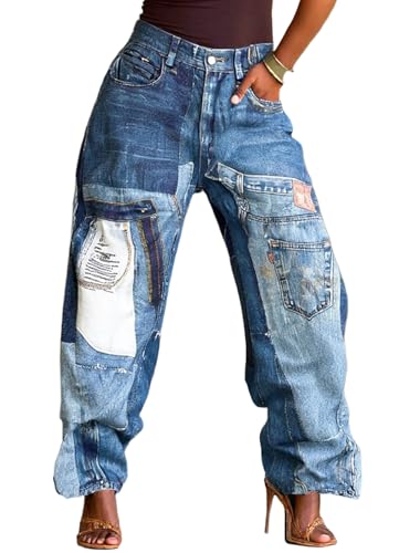 Women Blue Denim Jeans High Waist Vintage Patchwork Jeans Straight Wide Leg Stretch Barrel Horseshoe Baggy Trousers