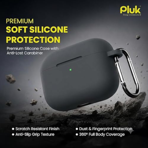 Image of PLUK Soft Silicone Case Cover Compatible with Apple AirPods Pro 3 (3rd Generation 2025) - Shockproof 360 Protective Skin,Full Protection with Hook & Keychain, Front LED Visible - Dark Grey