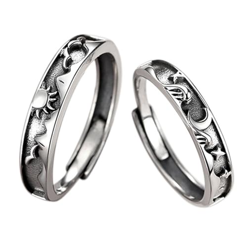 Image of Beydodo 925 Silver Rings Custom Adjustable Sun and Moon Matching Rings Engraved I Love You Couples Rings Wedding
