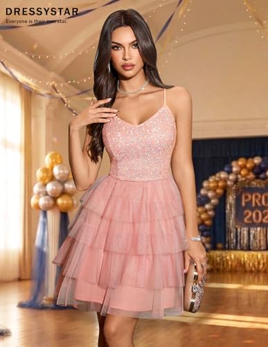 Image of Dressystar 2026 Women's Tiered Sparkly Sequin Glitter Formal Prom Dress Mini Spaghetti Strap Tulle Cocktail Party Dresses