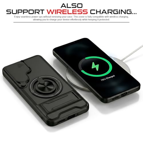 Image of AESTMO Samsung S24 Ultra 5G Back Cover | Armor Camera Slider 360 Degree Rotating Finger Ring Holder Case with Bracket Stand Back Case Cover (Compatible with MagSafe Accessories) (Black)