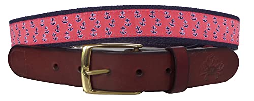 No27 Men's Nautical Anchor Leather Belt, Nautical Anchor Ribbon on Royal Blue