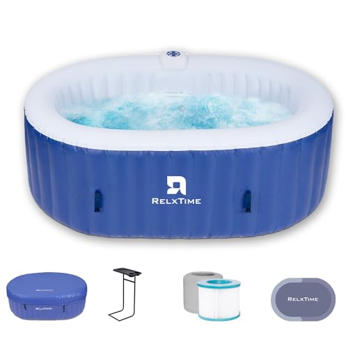 Inflatable 2 Person Hot Tub Outdoor, 100 Air Jets Portable Oval Spa with Built in Heater Pump, Blow Up Hottub for Relaxation, Table Tray, 2 Filters, Blue